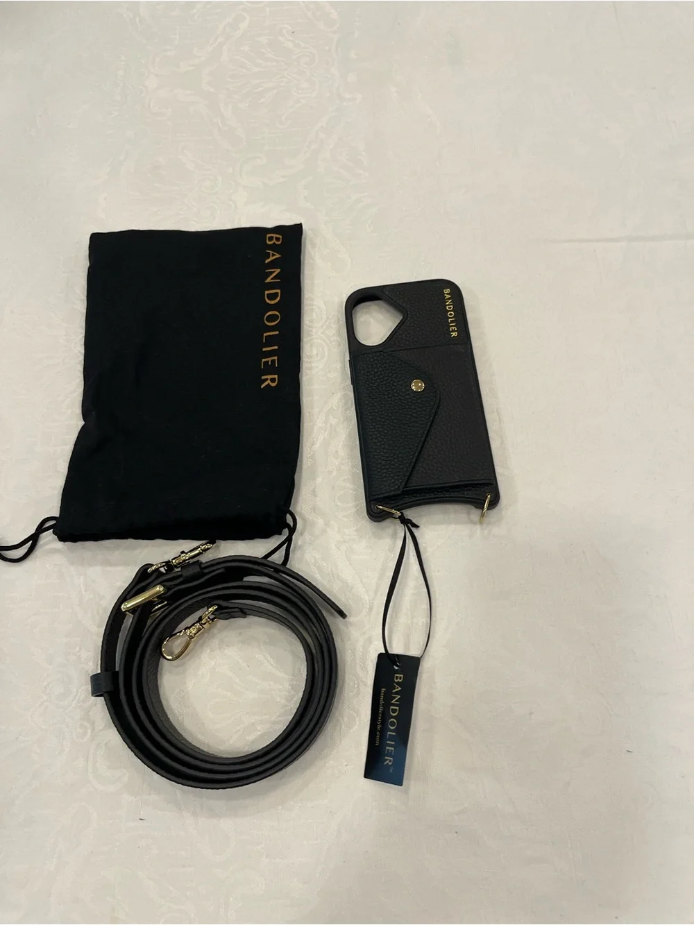 Bandolier Black Leather Phone Crossbody Case with Gold Accents